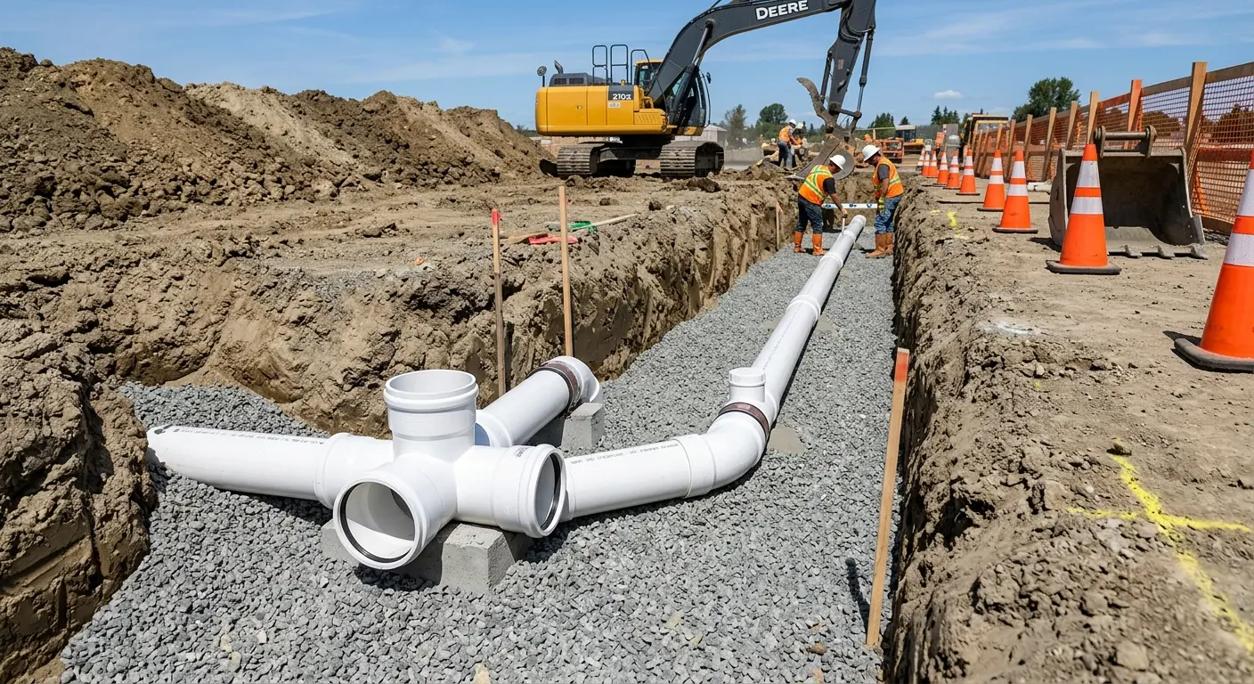 New PVC sewer pipe installation in open trench for Grease Trap Cleaning in Loughman